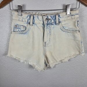 Zara Acid Wash Denim Shorts Size 0 High Rise Cut Off Frayed Cream/Blue Womens
